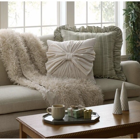 Threshold Studio McGee 24x24 Uneven Plaid Ruffle Pillow Green Tan NEW - Picture 2 of 5